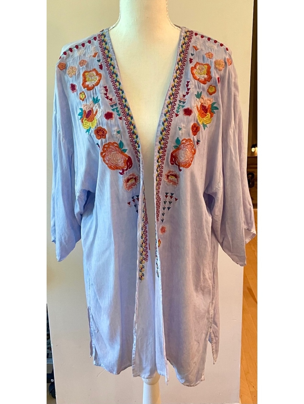 Light Blue Embroidered Floral Kimono Jacket